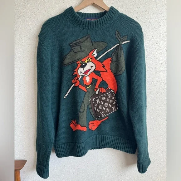 RARE LOUIS VUITTON Handknit Cartoon Fox Green Sweater - Picture 10 of 12